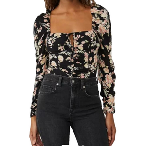 NWT Free People Hilary Printed Top in Black Combo Size Large